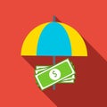 Money under umbrella icon, flat style Royalty Free Stock Photo