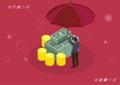 Money under the umbrella. Insurance protection concept. Financial savings. Big pile of cash. Vector illustration Royalty Free Stock Photo
