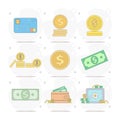 money vector flat illustration, money pouch, coins, dollar bills, credit card, suitcase full of money Royalty Free Stock Photo