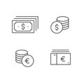 Money vector icon set, coin bill dollar euro line outline sign collection, linear thin flat design for web, website, mobile app Royalty Free Stock Photo