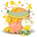 Money vector piggy bank pig box financial bank or money-box with investment savings and coins backdrop illustration Royalty Free Stock Photo