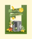 Money vector piggy bank pig box financial bank or money-box safe with investment savings and coins backdrop illustration