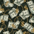 Money vintage seamless pattern with falling, flying dollar bills, gold dollar sign, chains. 100 dollars banknote Royalty Free Stock Photo