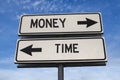 Money vs time. White two street signs with arrow on metal pole with word Royalty Free Stock Photo