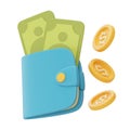 Money wallet with golden coins and banknotes.3d rendering Royalty Free Stock Photo