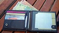 Opened black leather wallet with credit cards and money. Royalty Free Stock Photo