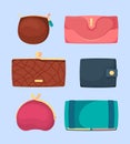 Money wallets. Dollars and coins retail symbols different leather luxury wallets garish vector illustrations in cartoon