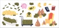 Money, wealth and finances icons set. Golden coin, piles dollar cash, piggy bank, wallet, calculator