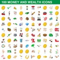 100 money and wealth icons set, cartoon style Royalty Free Stock Photo