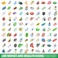 100 money wealth icons set, isometric 3d style