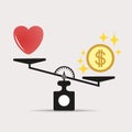 Money weights over the heart. Scales between love and money. The concept of greed, money is more important than love. Vector.