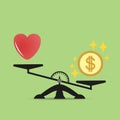 Money weights over the heart. Scales between love and money. The concept of greed, gain money is more important than love. Vector.