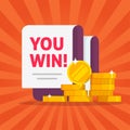 Money winner banner with you win text message vector illustration flat cartoon, concept or success prize or cash gift