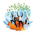 Money winner, business person success, vector illustration. Cartoon happy man woman character with cash wealth