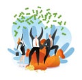 Money winner, business person success, vector illustration. Cartoon happy man woman character with cash wealth