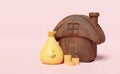 money yellow bags dollars with wooden house, gold coins pile, saving money concept, isolated on pink background. 3d illustration Royalty Free Stock Photo