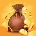 Moneybag and gold coins. Money 3d vector icon.Design element, clipart with sack , metal money.whirl,swirl coins. Royalty Free Stock Photo