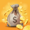 Moneybag and gold coins. Money 3d vector icon.Design element, clipart with sack , metal money.whirl,swirl coins. Royalty Free Stock Photo