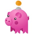 Moneybox in the form of ceramic pig with a coins falling into it. Concept of saving money. Vector Royalty Free Stock Photo