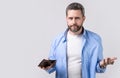 moneyless man with wallet at hand, copy space banner. photo of moneyless man with wallet. Royalty Free Stock Photo