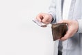 moneyless man with wallet isolated on studio background with copy space. Royalty Free Stock Photo