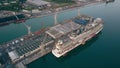 MONFALCONE, ITALY - AUGUST 9, 2017. Aerial view of unfinished next-generation cruise ship MSC Seaside at the Fincantieri Royalty Free Stock Photo