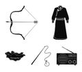 .mongol dressing gown, battle bow, theria on the map, Urga, Khlyst. Mongolia set collection icons in black style vector