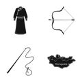 .mongol dressing gown, battle bow, theria on the map, Urga, Khlyst. Mongolia set collection icons in black style vector