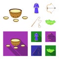 .mongol dressing gown, battle bow, theria on the map, Urga, Khlyst. Mongolia set collection icons in cartoon,flat style