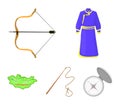 . mongol dressing gown, battle bow, theria on the map, Urga, Khlyst. Mongolia set collection icons in cartoon style