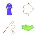 .mongol dressing gown, battle bow, theria on the map, Urga, Khlyst. Mongolia set collection icons in cartoon style