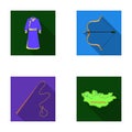 .mongol dressing gown, battle bow, theria on the map, Urga, Khlyst. Mongolia set collection icons in flat style vector