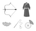 .mongol dressing gown, battle bow, theria on the map, Urga, Khlyst. Mongolia set collection icons in monochrome style