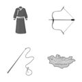 .mongol dressing gown, battle bow, theria on the map, Urga, Khlyst. Mongolia set collection icons in monochrome style