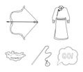 .mongol dressing gown, battle bow, theria on the map, Urga, Khlyst. Mongolia set collection icons in outline style