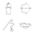 .mongol dressing gown, battle bow, theria on the map, Urga, Khlyst. Mongolia set collection icons in outline style