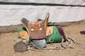 Mongol horse saddle on the sand dune, Tuv, Mongolia. Royalty Free Stock Photo