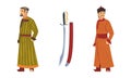 Mongol Man Wearing Traditional Long Clothing and Sword Vector Set.