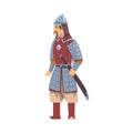 Mongol Nomad Warrior, Central Asian Character in Full Armour with Sword Vector Illustration