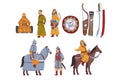 Mongol Nomad Warriors in Traditional Clothing with Weapon Collection, Central Asian Characters Vector Illustration