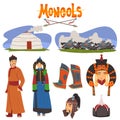 Mongol People in Traditional Clothing Collection, Central Asian Characters, Dwelling, Nomad, Asian Warriors Vector Royalty Free Stock Photo