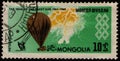 MONGOLIA - CIRCA 1965: post stamp 10 Mongol mongo printed by Mongolia, shows meteorological probe balloon, people, lightning