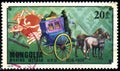 stamp 20 Mongol mongo printed in Mongolia shows French post coach, circa 1974