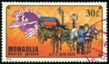 Stamp 30 Mongol mongo printed in Mongolia shows Russian post coach, Universal Postal Union, Centenary serie