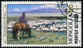 stamp 1.20 Mongol togrog printed in Mongolia shows Sheeps, shepherd girl on horse, circa 1989