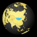 Mongolia on dark globe with yellow world map.