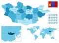 Mongolia detailed administrative blue map with country flag and location on the world map.