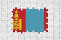 Mongolia flag in frame of white puzzle pieces with missing central part Royalty Free Stock Photo