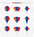 Mongolia flag, set of location pin icons of Mongolia flag