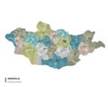 Mongolia higt detailed map with subdivisions. Administrative map of Mongolia with districts and cities name, colored by states and